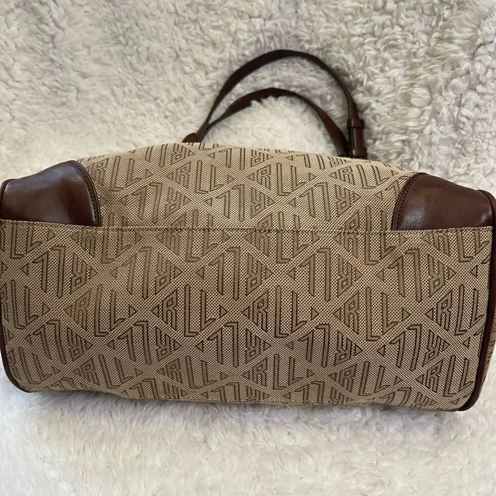 Ralph Lauren Logo Canvas khaki & brown Leather trims Hobo Bag brass hardwares.